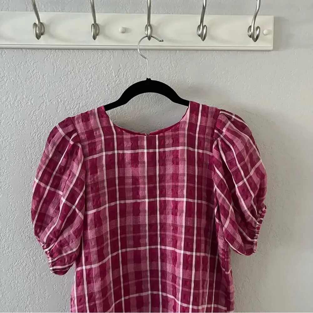 Madewell Pink Plaid Puff-Sleeve Top